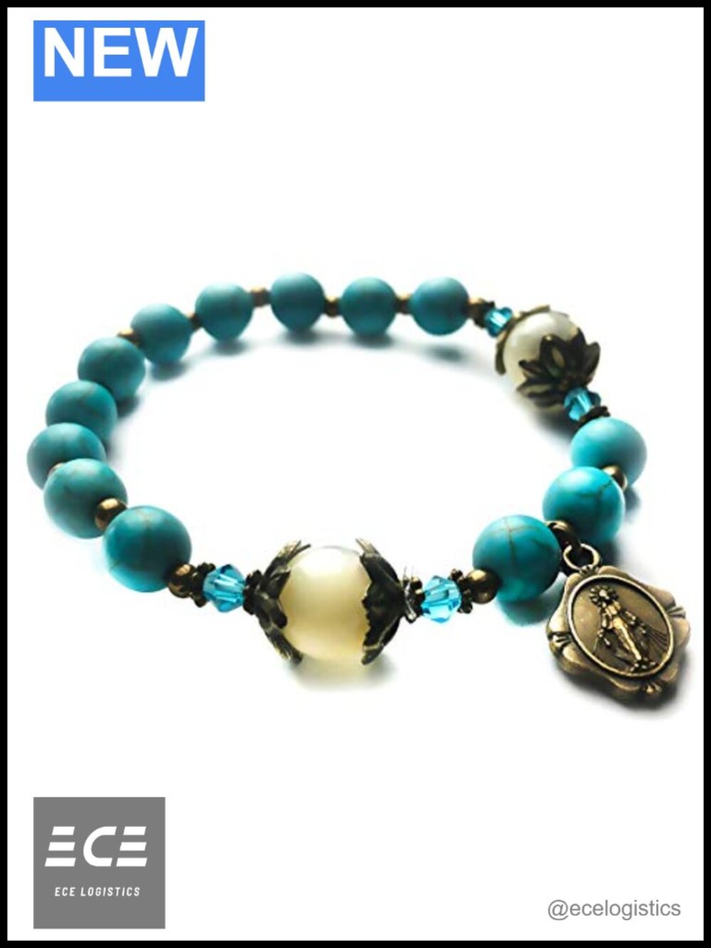 Turquoise Rosary Bracelet Virgin Mary Charm Stretch Catholic Gift